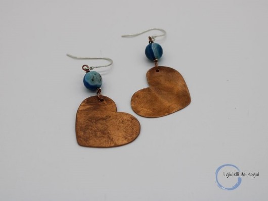 orecchini cuore rame realizzati a mano e agata paesaggio blu, orecchini da donna pendenti con monachella artgento anallergico